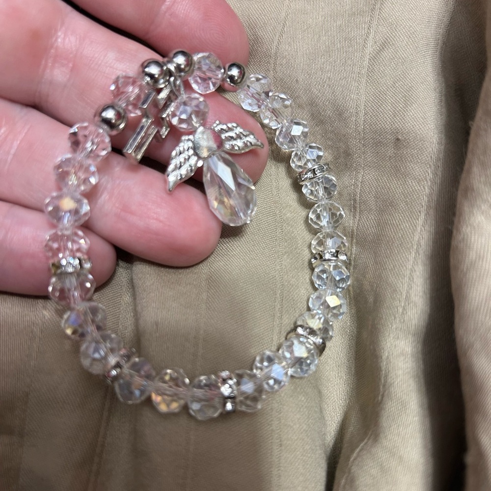 Crystal style glass beaded Angel & Cross Stretch Bracelet - Women Jewelry - Picture 3 of 4